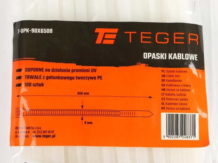 Opaski kablowe trytytki 9.0 x 650mm 100 szt transparentne odporne na UV Teger 3