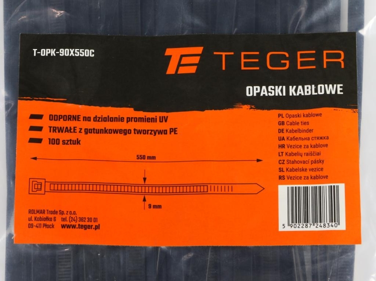 Opaski kablowe trytytki 9.0 x 550mm 100 szt w czarne odporne na UV Teger 3