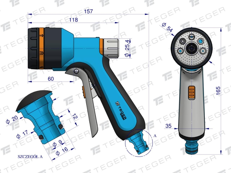 Zestaw ogrodowy 1/2" (wąż 20m - zestaw natryskowy - pistolet - wózek na wąż) TEGER 2