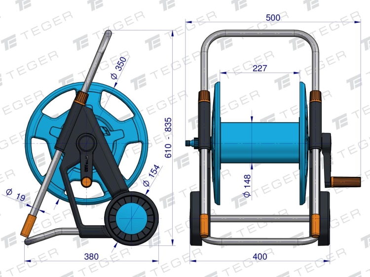 Zestaw ogrodowy 1/2" (wąż 20m - zestaw natryskowy - pistolet - wózek na wąż) TEGER 3