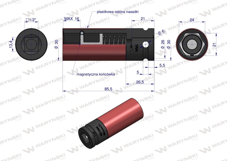 Nasadka udarowa 1/2 ze stali CrMo 21mm z magnesem i osłoną do felg aluminiowych Waryński  3