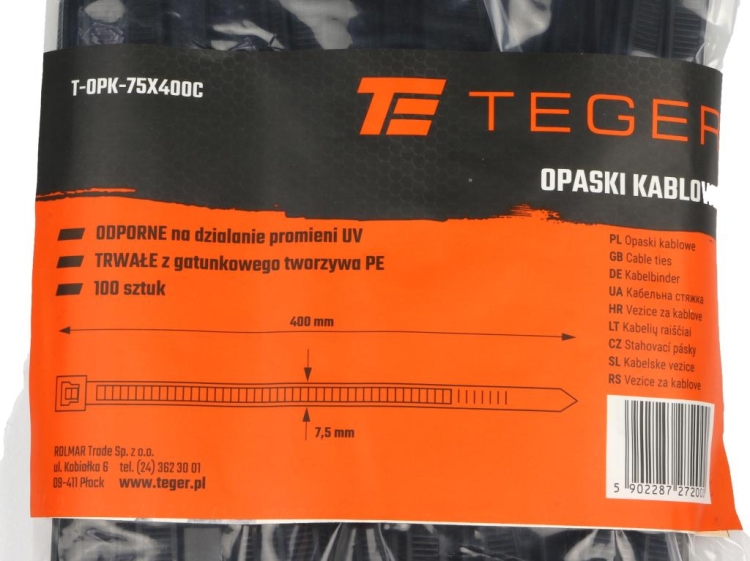 Opaski kablowe trytytki 7.5 x 400mm 100szt czarne odporne na UV Teger 3
