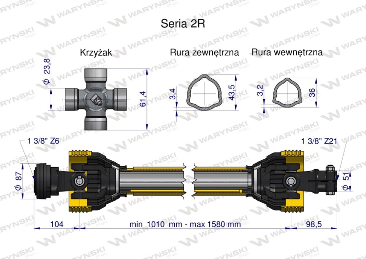 Wał przegubowo-teleskopowy 1010-1580mm 270Nm widłak Z21 skręcany na śrubę 40270 CE 2020 seria 2R WARYŃSKI 2