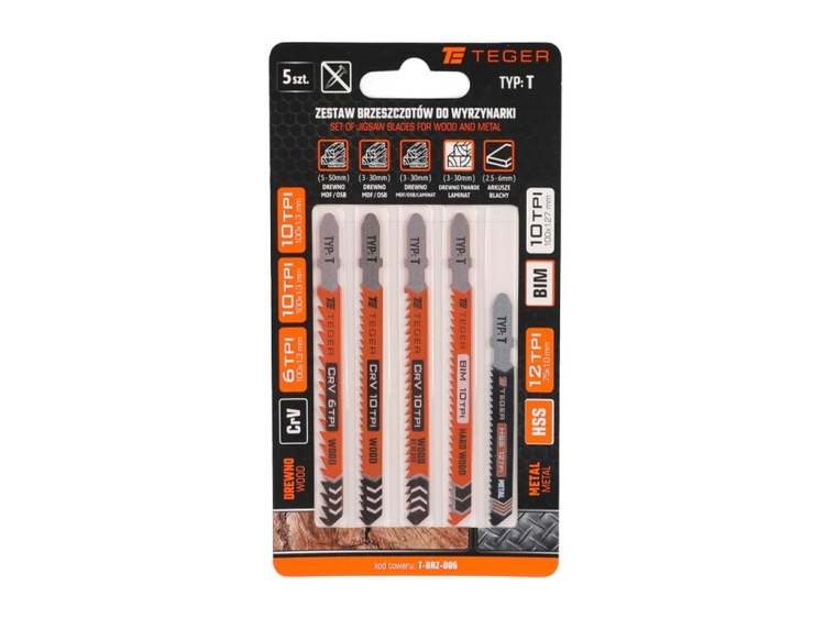 Zestaw brzeszczotów do wyrzynarki - Typ: T - METAL/DREWNO TWARDE 5szt TEGER