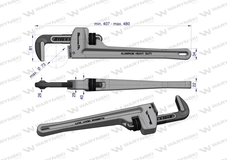 Klucz do rur typ amerykański 16" uchwyt aluminium wzmocniony szczęki CrMo max średnica Waryński 3