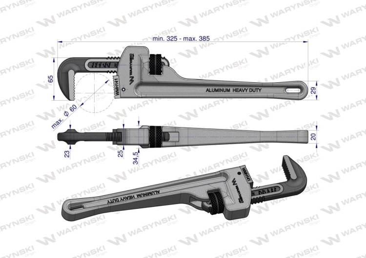 Klucz do rur typ amerykański 14" uchwyt aluminium wzmocniony szczęki CrMo max średnica Waryński 3