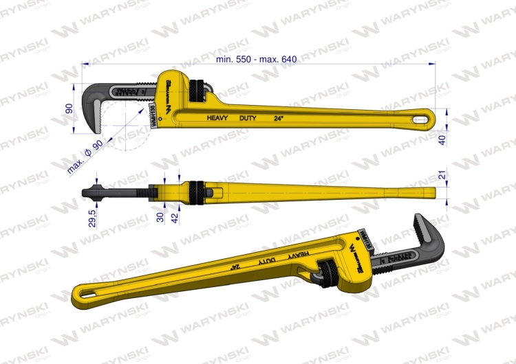 Klucz do rur typ amerykański 24" wzmocniony szczęki CrMo max średnica 90 mm Waryński 3