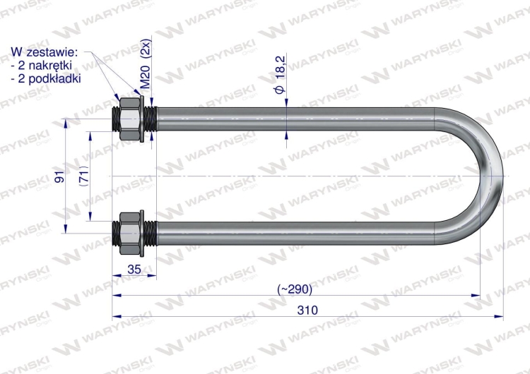 Jarzmo Cybant M20 71x290 1930200020 Waryński RYSUNEK TECHNICZNY