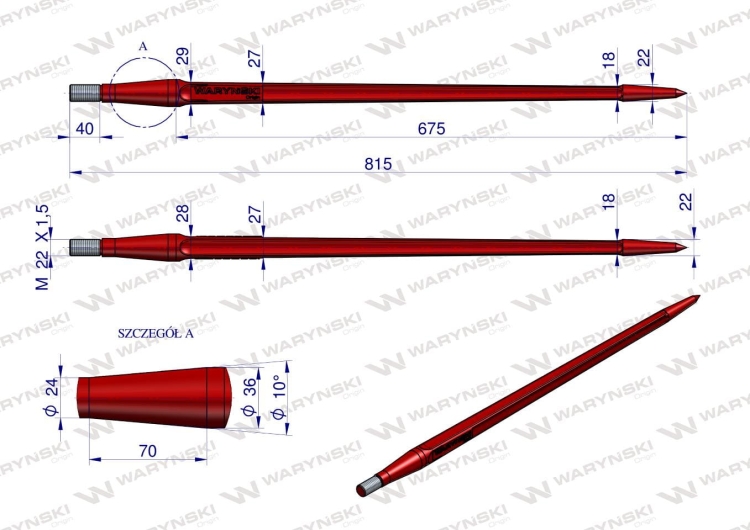 Ząb ładowacza uniwersalny czerwony prosty L- 810 mm zastosowanie 5193-FT1N Tur WARYŃSKI 2