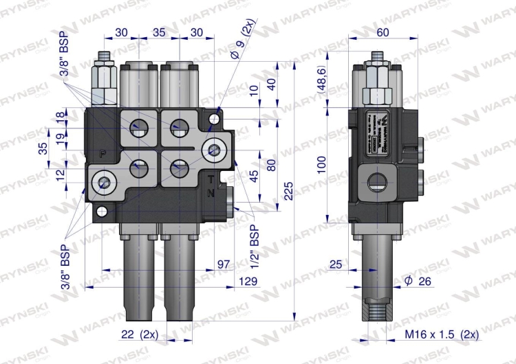 Rozdzielacz hydrauliczny dwusekcyjny (2) 40L sterowany joystickiem Waryński RYSUNEK TECHNICZNY