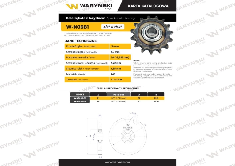 Koło zębate napinacza z łożyskiem 06B-1 (R1 3/8) Z-22 fi 16 Waryński 4