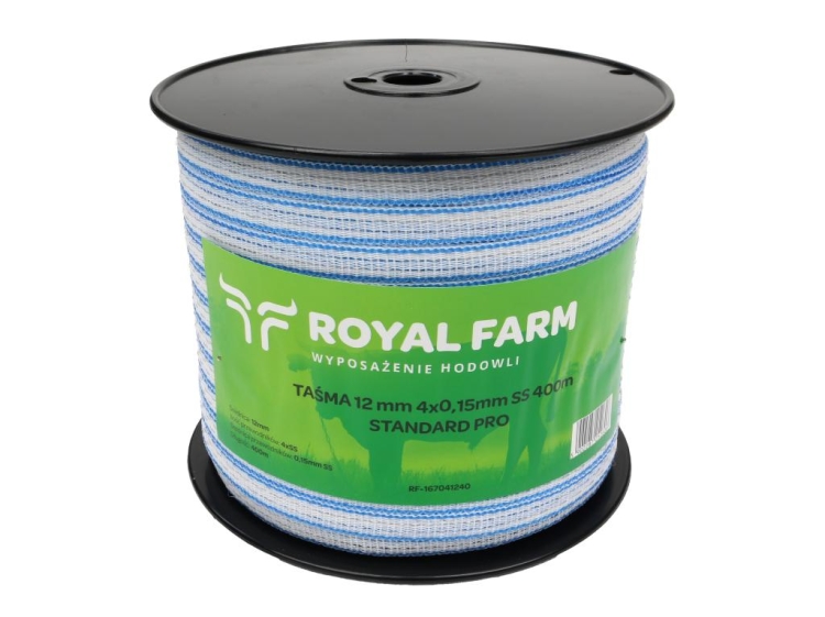 Taśma do pastucha elektryzatora 12 mm 4x0,15mm SS biało-niebieska 400m Royal Farm