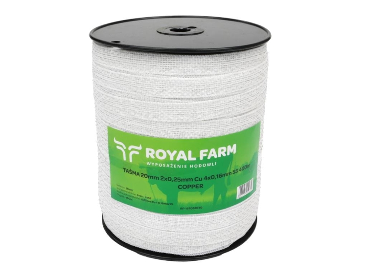 Taśma do pastucha elektryzatora 20 mm 2x0,25mm Cu 4x0,16mm SS biała 400m Royal Farm