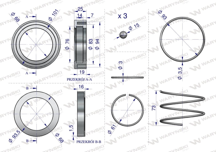 Zestaw naprawczy wału pierścień widłaka 1 3/4" Seria R Waryński rysunek techniczny