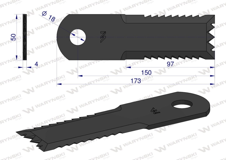 Nóż obrotowy rozdrabniacz słomy sieczkarnia uzębiony 173x50x4mm otwór 18 zastosowanie Z77601 John Deere WARYŃSKI 2