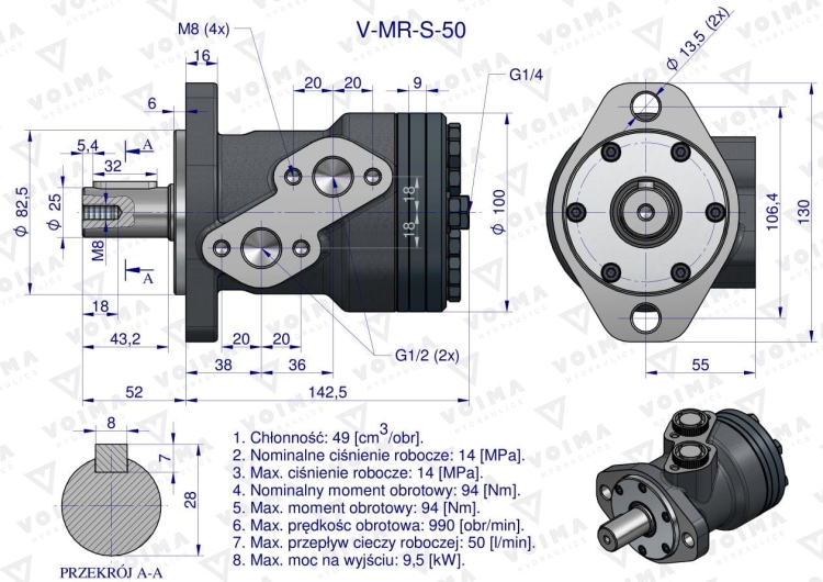 Silnik hydrauliczny orbitalny V-MR-S-S 50 cm3/obr (140 bar / max.175 bar) VOIMA 6