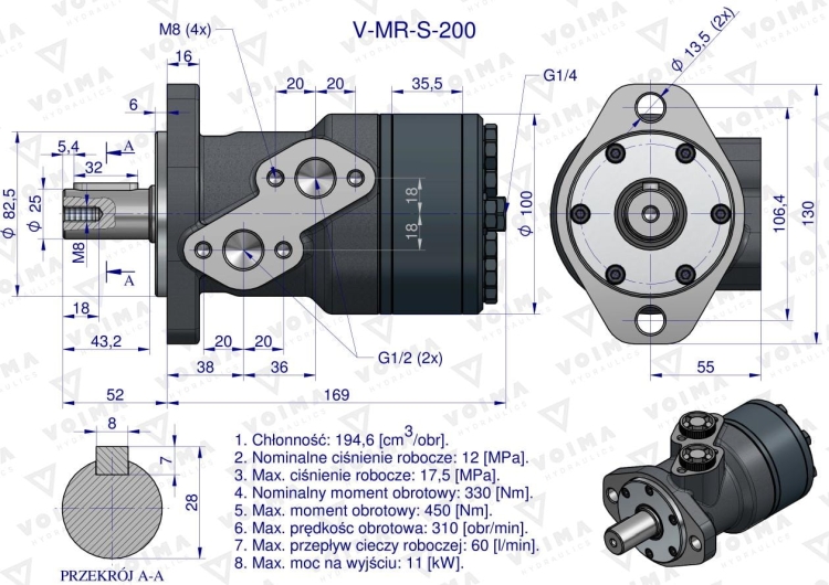 Silnik hydrauliczny orbitalny (stosowany do owijarek) V-MR-S 200 cm3/obr (175 bar / max.200 bar) VOIMA 6