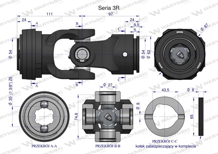 Przegub kompletny z krzyżakiem 27X74.6 seria 3 do rury zewnętrznej 43.5mm Waryński 3