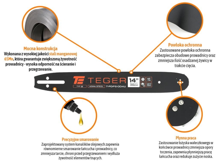 Prowadnica łańcucha do piły 14" (36 cm) / 3/8" 1,3mm 52og 9z moc. U Teger 2