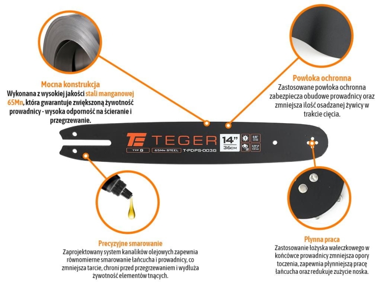 Prowadnica łańcucha do piły 14" (36 cm) / 3/8" 1,3mm 50 og. / 9z / moc. G / Teger 2