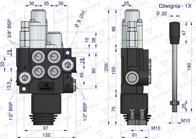 Rozdzielacz hydrauliczny 2-sekcyjny 40L (1-sekcja pływająca) z joystickiem VOIMA 4