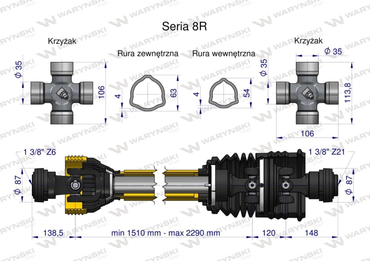 Wał przegubowo-teleskopowy 1510-2290mm 1240Nm szerokokątny Z21 CE 2020 seria 8R Waryński  (3)