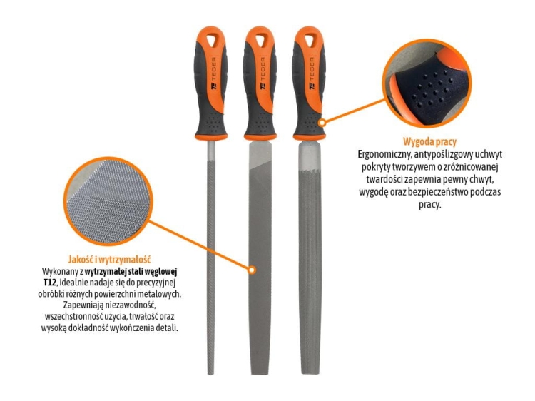 Zestaw pilników do metalu 200mm / GR2 (płaski, półokrągły, okrągły) 3 szt Teger 2