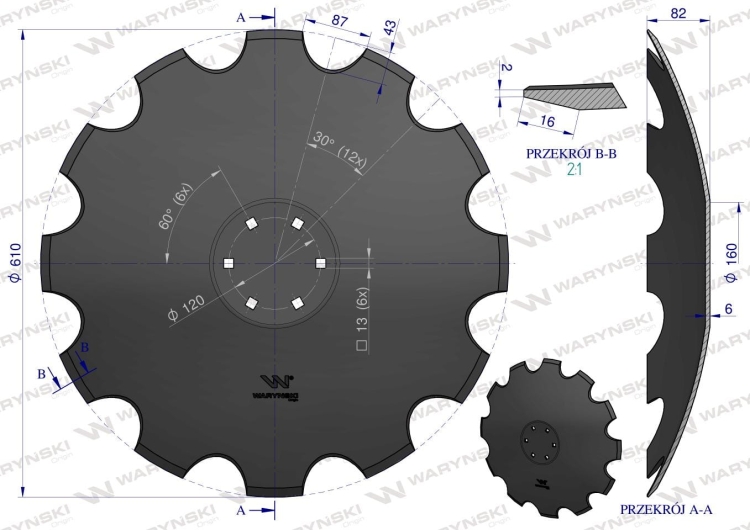 Talerz uzębiony Z-12 fi 610 mocowanie 6/120 grubość 6 mm stal borowa prosta piasta Tolmet Waryński