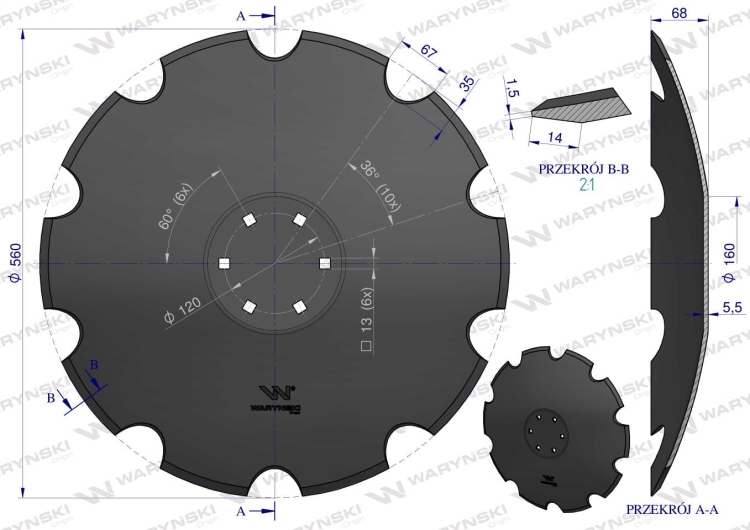 Talerz uzębiony Z-10 fi 560 mocowanie 6/120 grubość 4,5 mm stal borowa prosta piasta Tolmet Waryński 4