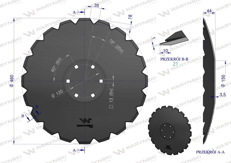 Talerz uzębiony Z-20 fi 460 mocowanie 6/120 grubość 3,5 mm stal borowa prosta piasta Tolmet Waryński  3