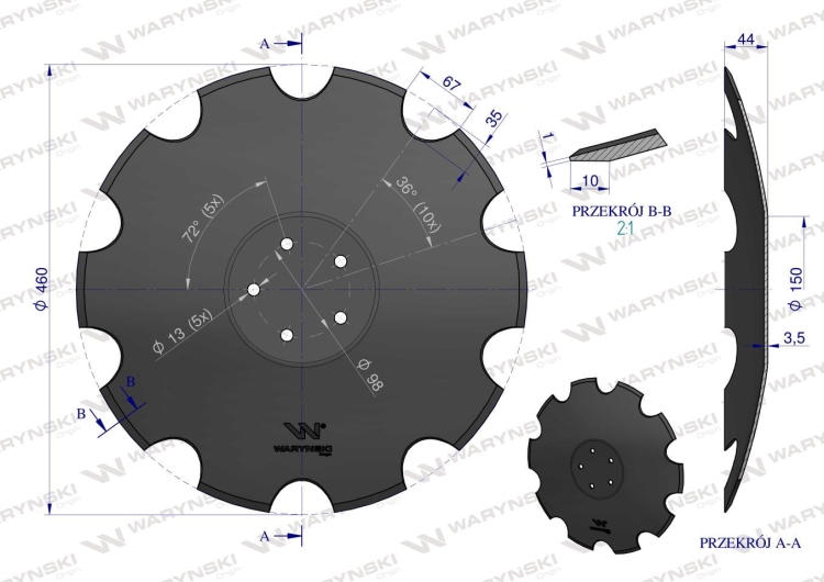 Talerz uzębiony Z-10 fi 460 mocowanie 5/98 grubość 3,5 mm stal borowa prosta piasta Waryński 4