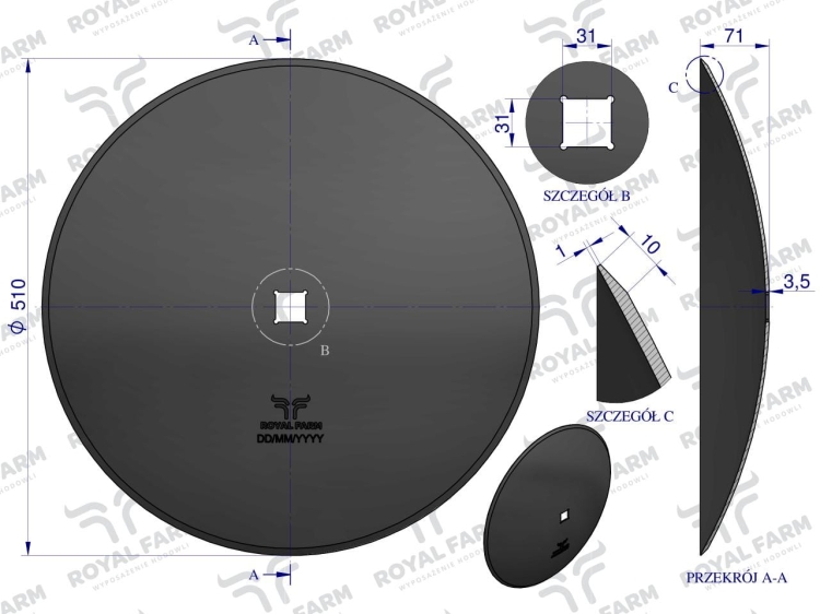 Talerz gładki fi 510 otwór 30x30 stal borowa 1279621010 1240040020 Royal Farm 3