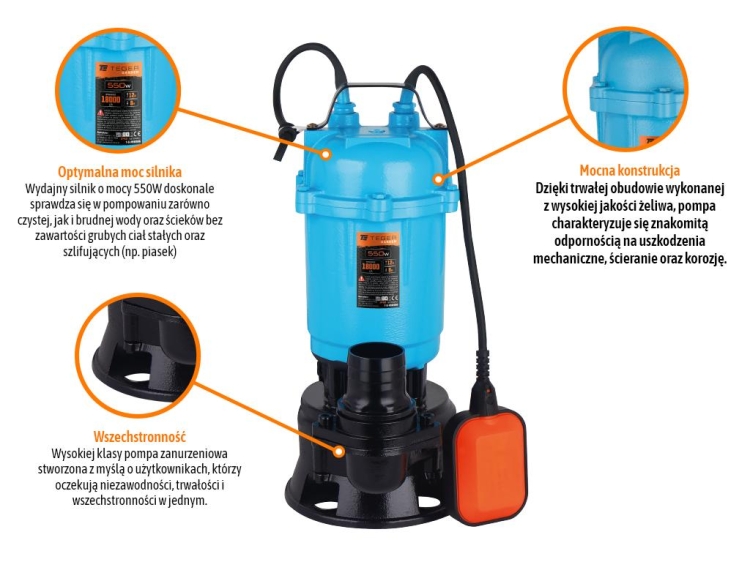 Pompa zanurzeniowa do wody brudnej i ścieków 550W (włącznik pływakowy) TEGER 3