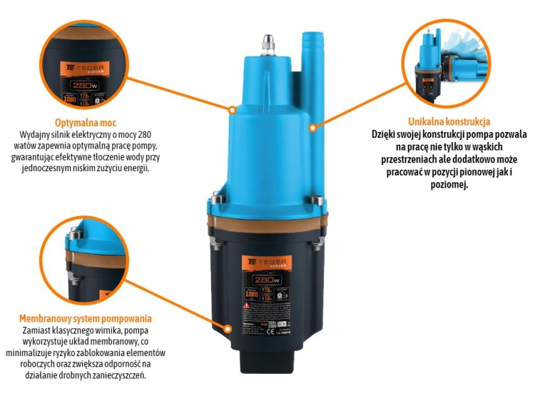 Pompa zanurzeniowa do wody czystej i brudnej membranowa 280W TEGER 3