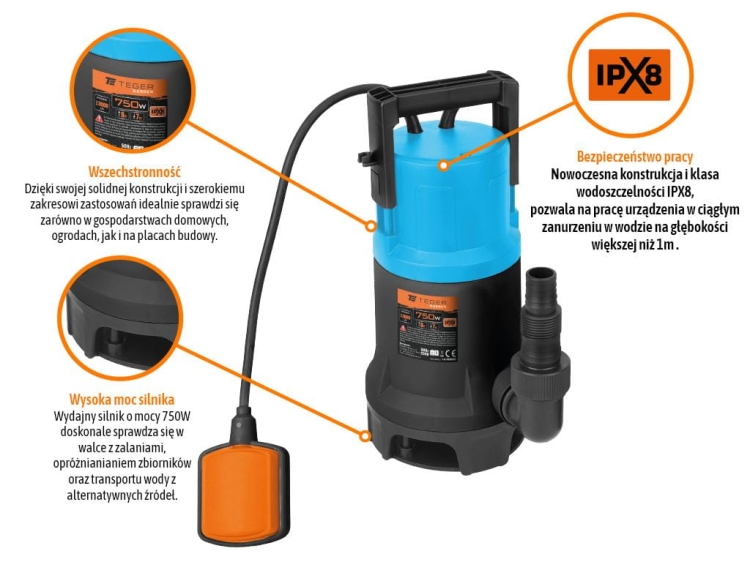 Pompa zanurzeniowa do wody czystej i brudnej 750W (włącznik pływakowy) TEGER 3