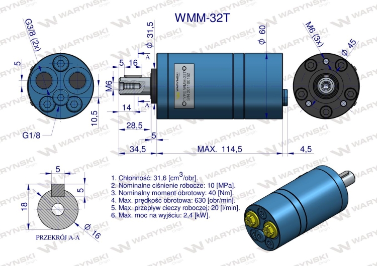 Silnik hydrauliczny orbitalny WMM 32 cm3/obr (100 bar / max.140 bar) przyłącza tylne Waryński 5