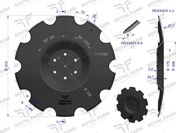 Talerz uzębiony Z-10 fi 510 mocowanie 6/120 grubość 3.5 mm przetłoczony stal borowa Royal Farm 4