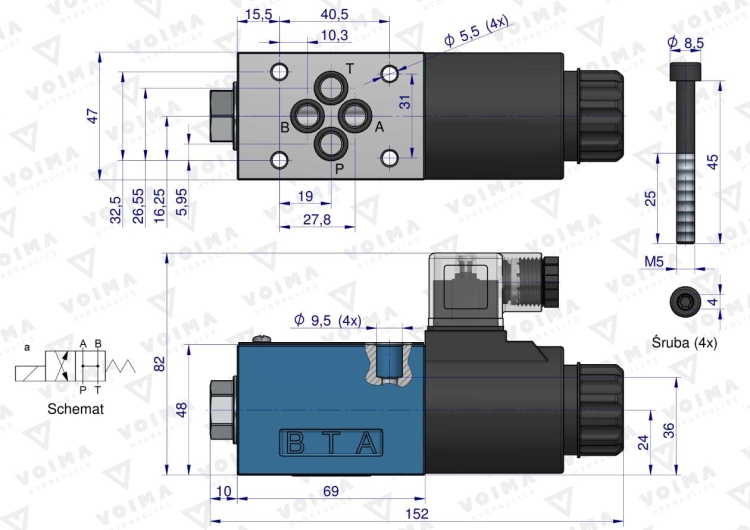 Rozdzielacz (elektrozawór CETOP 3 NG6) 2-pozycyjny 50L suwak "HA" (cewka x1) 230V VOIMA 2