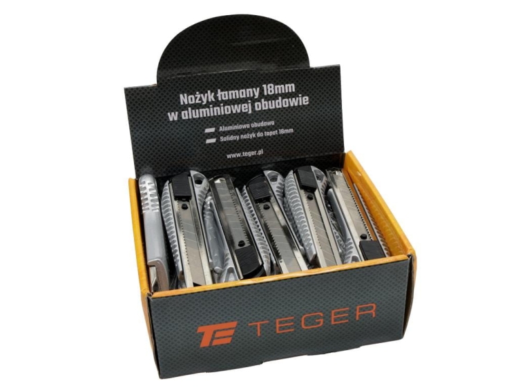 Nożyki łamane 18mm w aluminiowej obudowie w kartoniku ekspozycyjnym Teger (zestaw 24 sztuk)