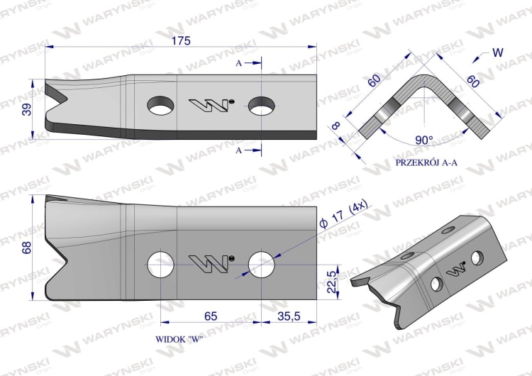 Nóż kątowy bębna rozrzucającego Unia Tytan Apollo 2232130000111 2020551 Waryński rysunek techniczny