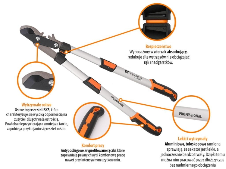 Sekator nożycowy - dwuręczny teleskopowy aluminiowy PROFESSIONAL Teger 2