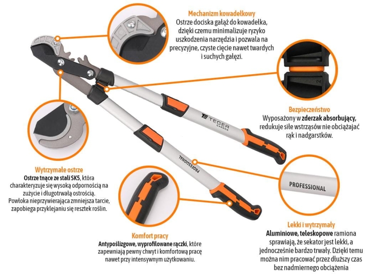 Sekator kowadełkowy - dwuręczny teleskopowy aluminiowy PROFESSIONAL Teger 2