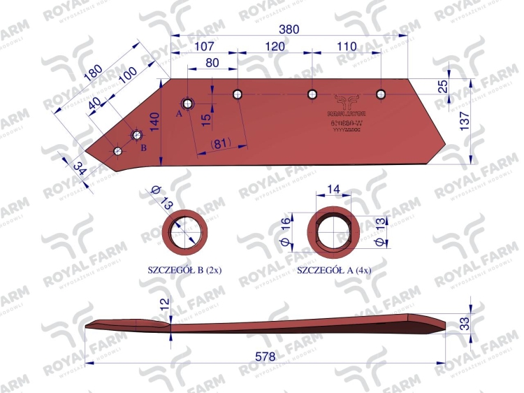 Lemiesz lewy 16" Kverneland 063018 stal borowa Royal Farm rysunek techniczny