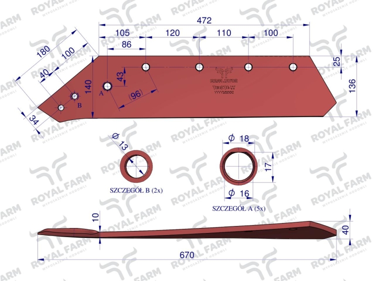Lemiesz lewy 18" Kverneland 073007 stal borowa Royal Farm 3