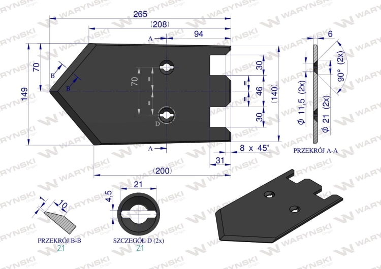 Lemiesz do Grimme 149 mm listwowy lewy szerokość wyorywania 540 Waryński 3