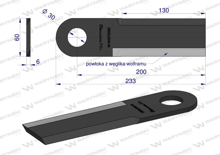Nóż przystawki do kukurydzy 84496574 47731406 napawany 233x60x6 otwór 30mm New Holland WARYŃSKI 3