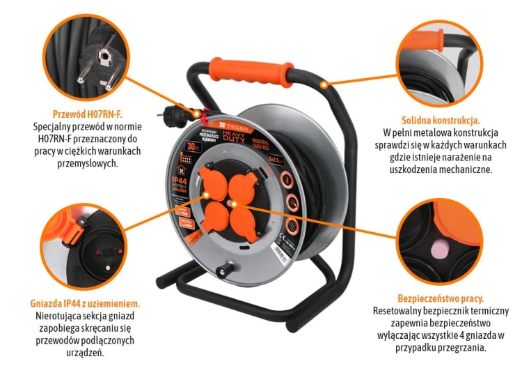 Przedłużacz bębnowy przemysłowy 30m 3X2,5mm HEAVY DUTY IP44 H05RR-F CE Teger 2