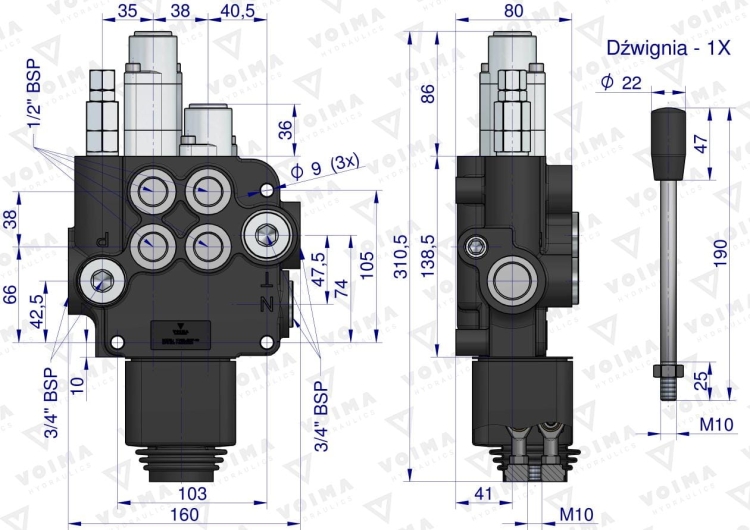 Rozdzielacz hydrauliczny 2-sekcyjny 80L (1-sekcja pływająca) z joystickiem VOIMA 4