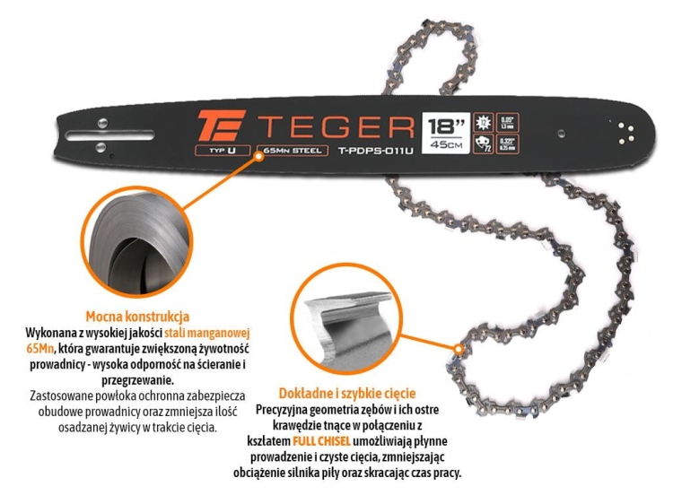 Zestaw tnący 18" (45 cm) prowadnica + łańcuch 0,325" 1,3mm 72 og. 12z moc. U Teger 3
