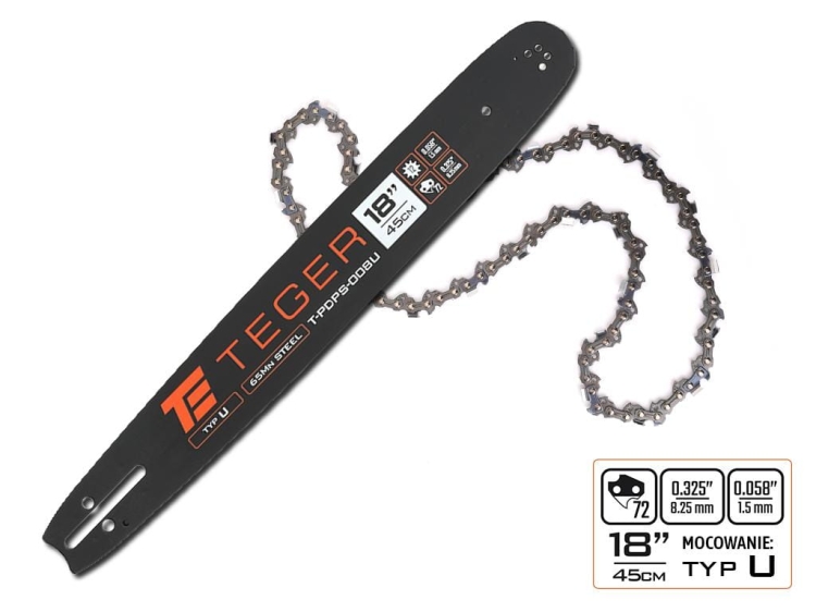 Zestaw tnący 18" (45 cm) prowadnica + łańcuch 0,325" 1,5mm 72 og. 12z moc. U Teger 2